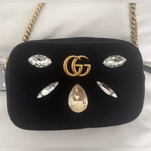 Gucci GG Marmont Velvet Crystal Embellished crossbody Bag in Black & Gold w/COA